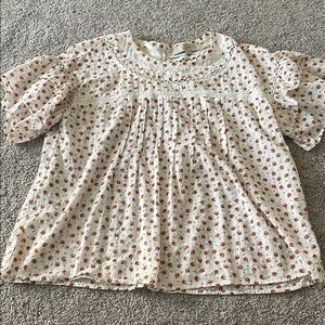 White and Brown Flowing Blouse with Short Puff Sleeves